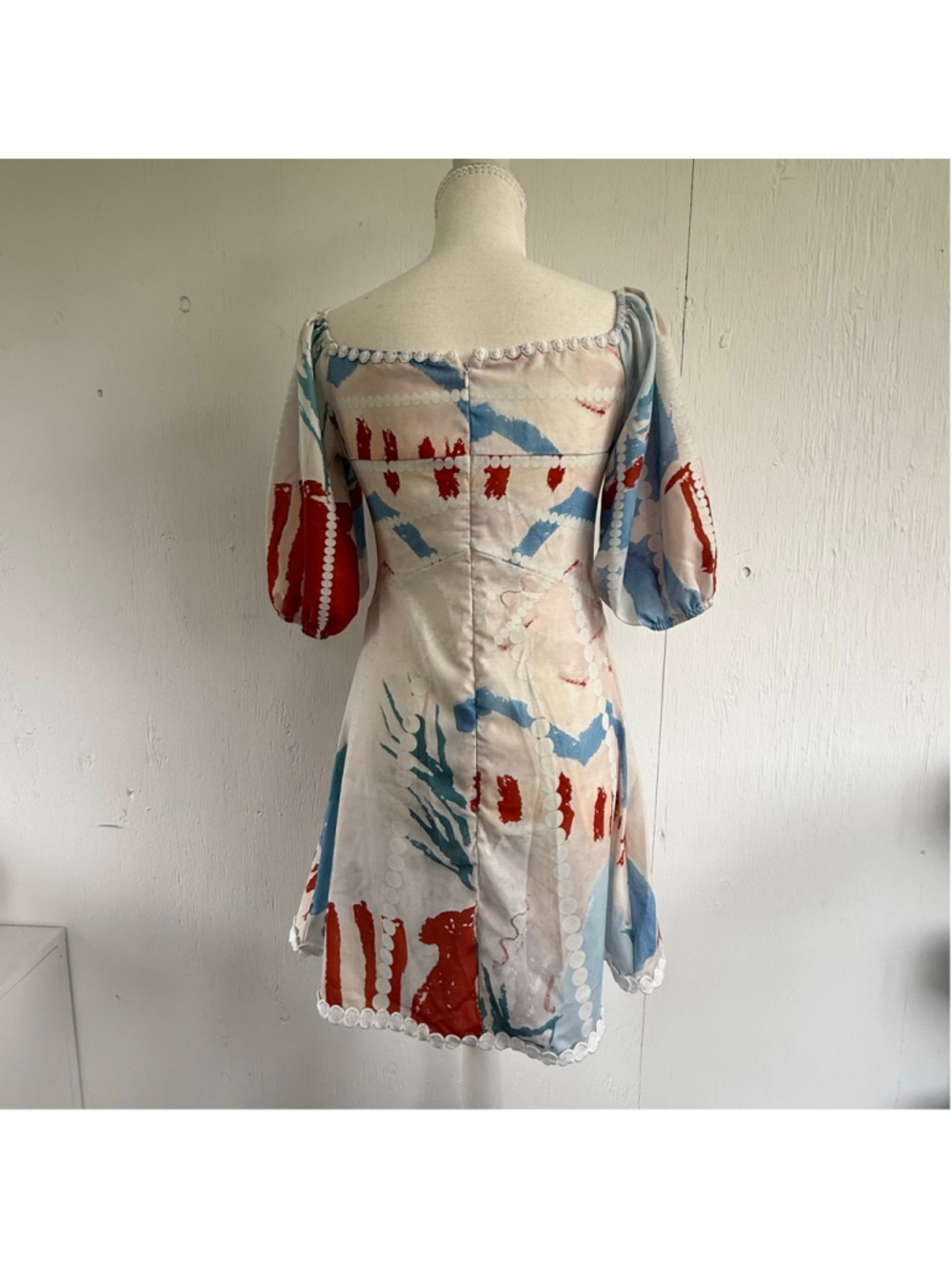 Abstract Print Puff-Sleeve Mini Dress - Red & Blue - Picture 11 of 12